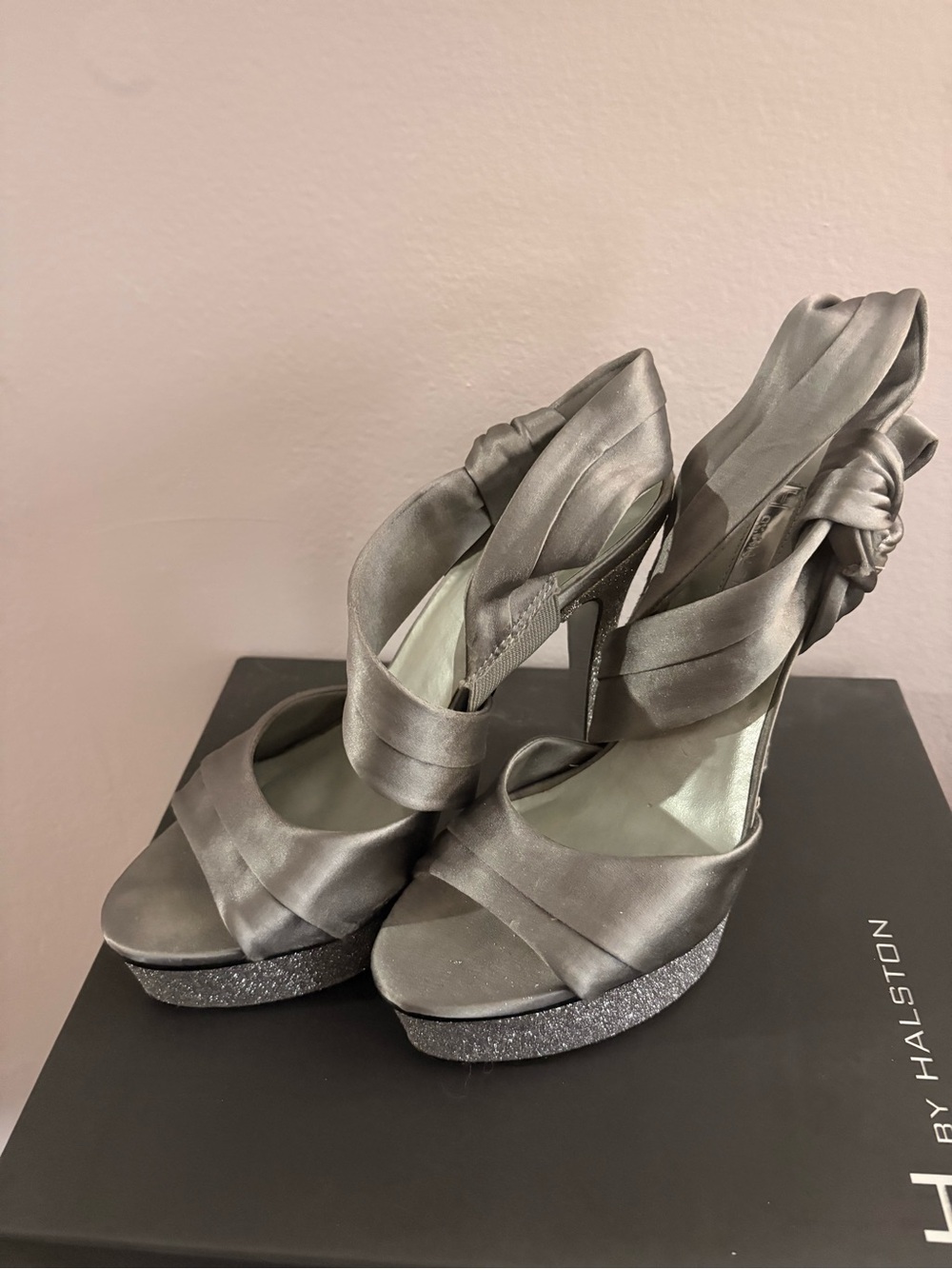 Satin Gray Knot-Back Platform Heels